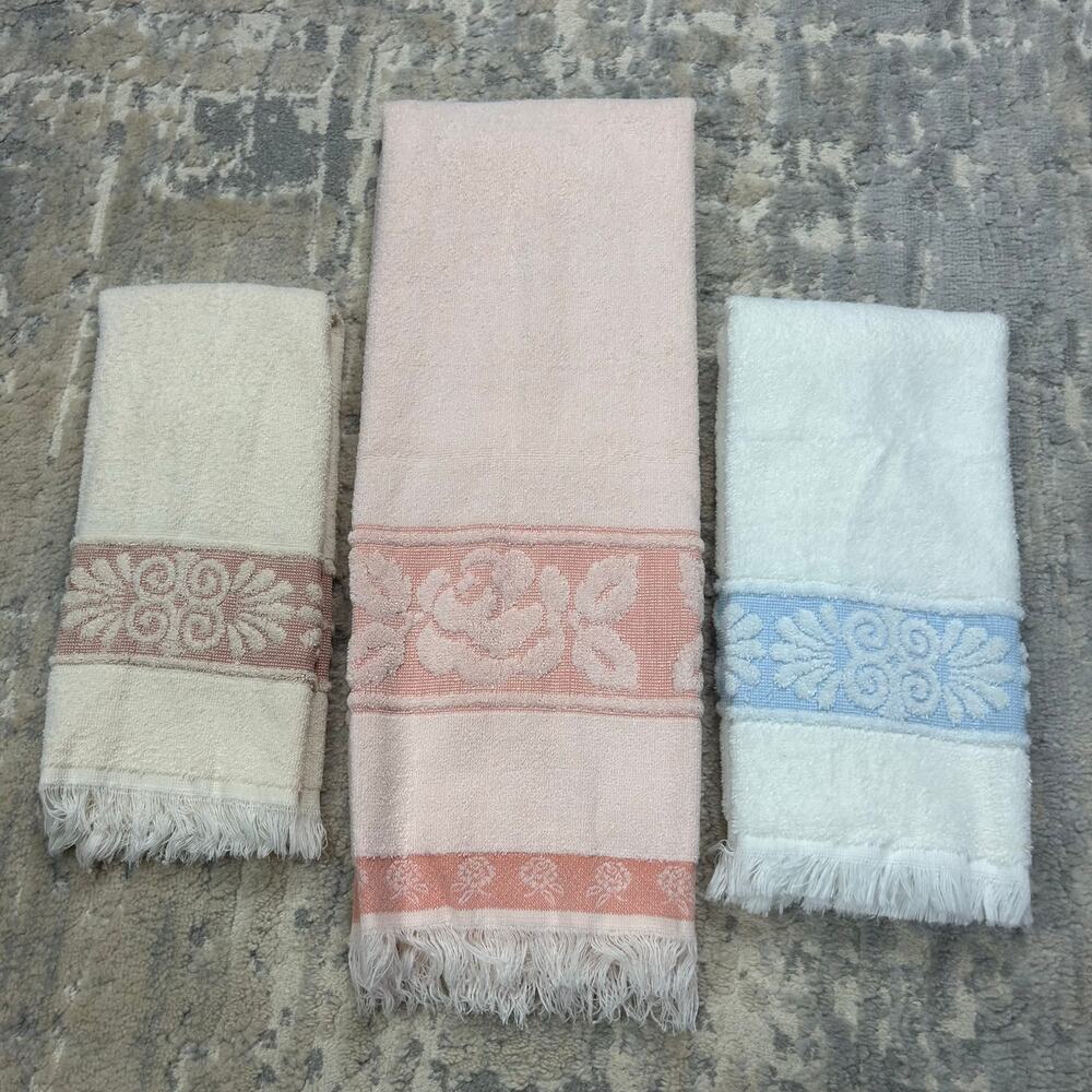 Vintage Cannon Fringe Bathroom Bath & 2 Hand Towels Set of 3